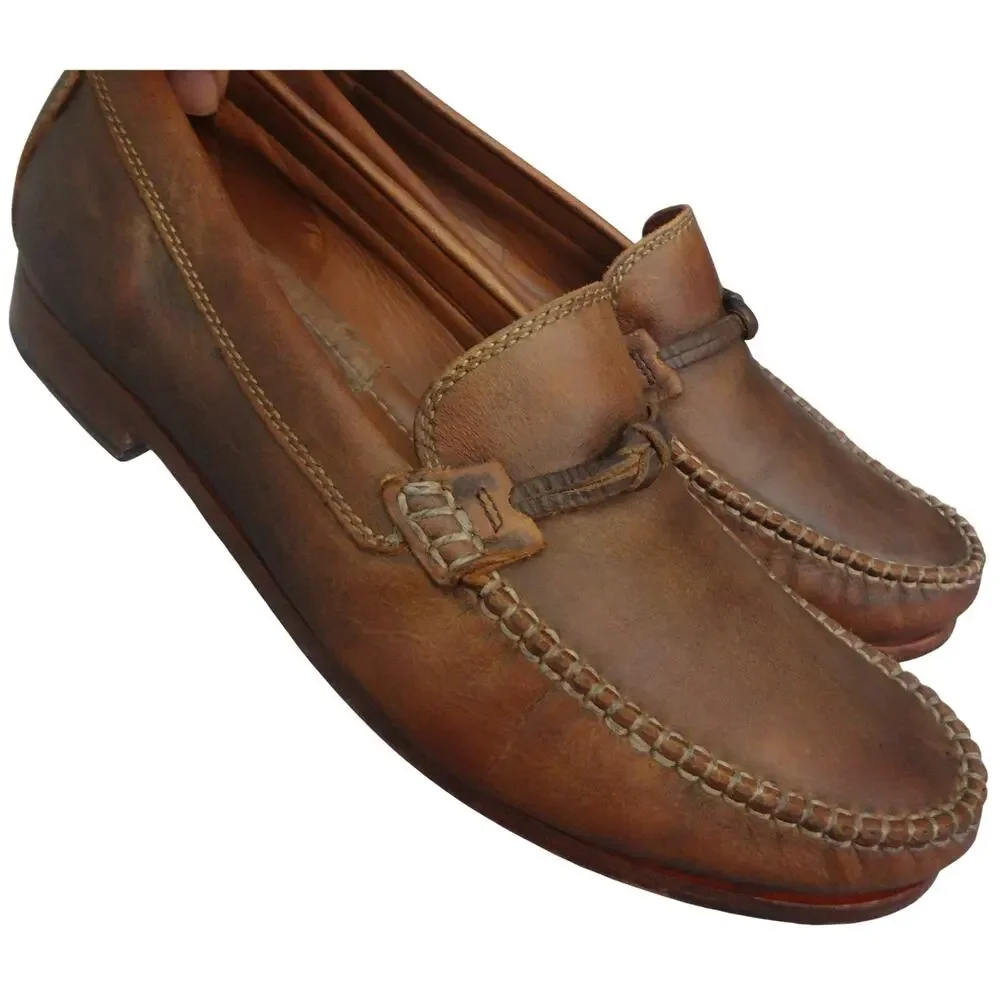 Trask Brown Brown Leather Sawyer Loafers Mens 9.5 Dress Shoe Knot Handsewn Moc